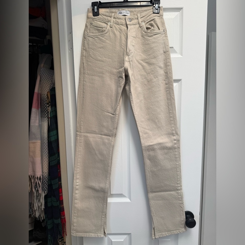 Zara Women's Beige Straight Leg Split Hem High Waisted Jeans